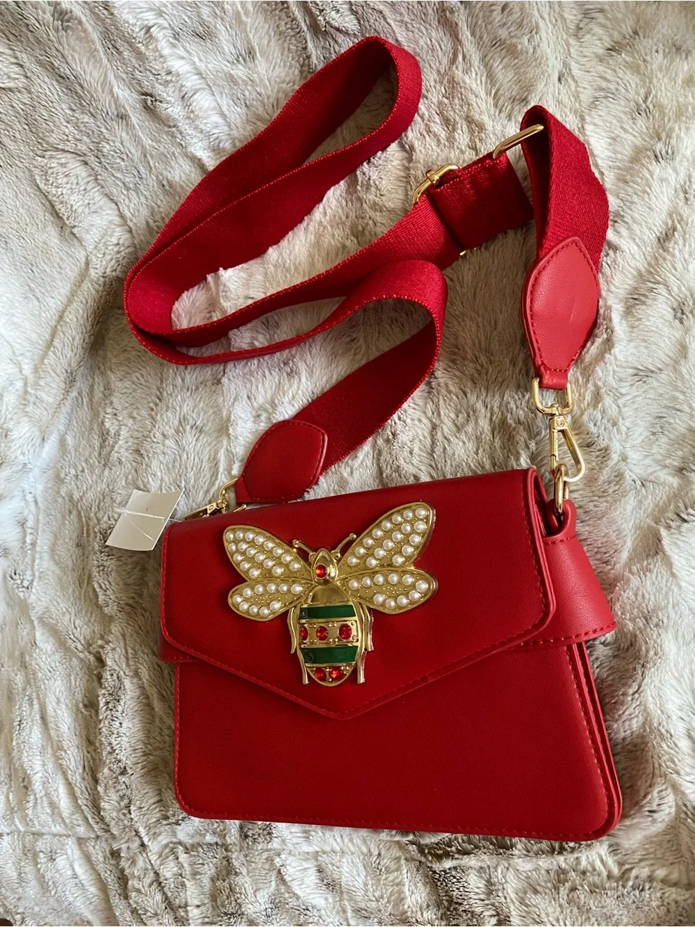 Red Pearl Bee Accent embellished Crossbody Bag - 9” - Picture 9 of 9